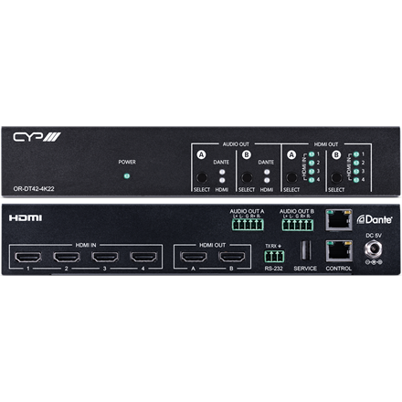 4 x 2 HDMI-Matrix, 4K, HDCP2.2, HDMI2.0, Audio De-Embedding, Dante Decoder