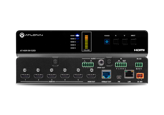 Atlona 5 x 2 4K/HDR HDMI 2.0b to HDBaseT Switcher with Extended Distance (100m)